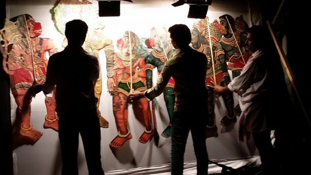 Behind the scenes snapshot of the shadow theatre Lanka Dahanam, the Fidena Festival, 2016. Photo: Pierre-Alain Rolle.