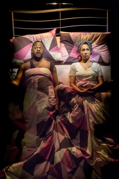 The Suicide by Suhayla El-Bushra, after Erdman. Directed by Nadia Fall. Pictured: Javone Prince (Sam) Rebecca Scroggs (Maya). Photo: Johan Persson.